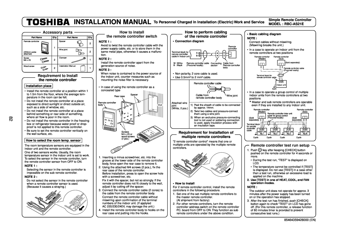 Toshiba R410A Accessory parts, Requirement to install the remote controller, How to install the remote controller switch 