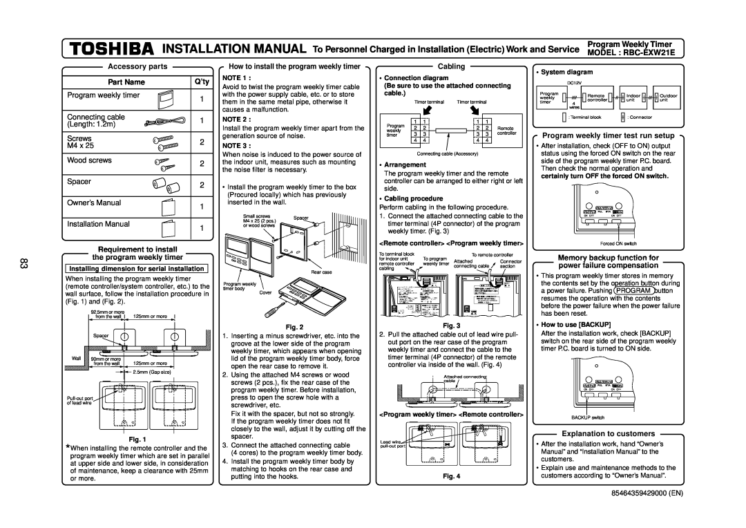 Toshiba R410A Program Weekly Timer, MODEL RBC-EXW21E, Accessory parts, Part Name, Q’ty, Cabling, Explanation to customers 