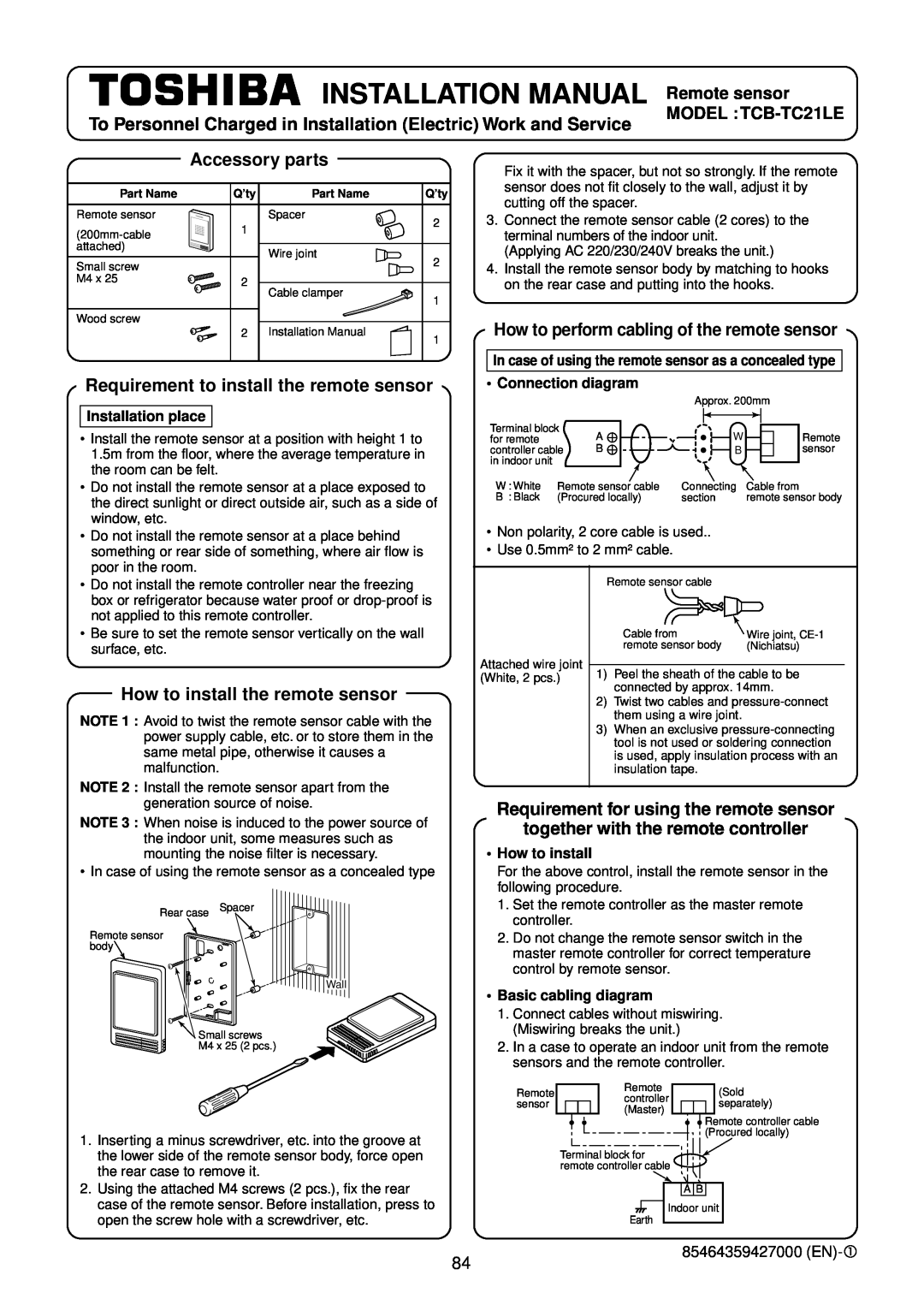 Toshiba R410A service manual INSTALLATION MANUAL Remote sensor, Accessory parts, Requirement to install the remote sensor 
