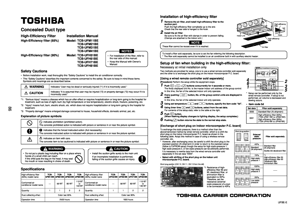 Toshiba R410A Concealed Duct type, High-EfficiencyFilter, Installation of high-efficiencyfilter, Safety Cautions, Notes 