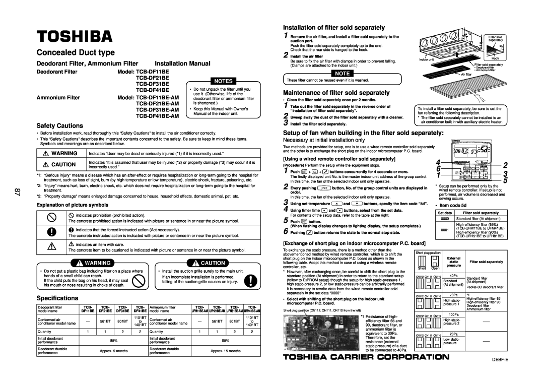 Toshiba R410A Concealed Duct type, Deodorant Filter, Ammonium Filter, Installation of filter sold separately, Notes 