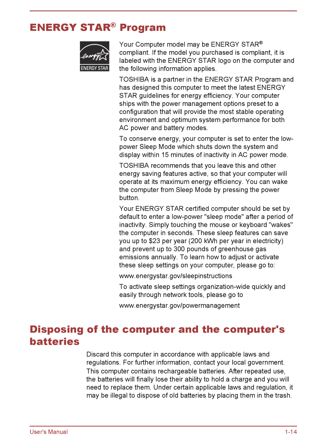 Toshiba C50-B, R50-B user manual Energy Star Program, Disposing of the computer and the computers batteries 