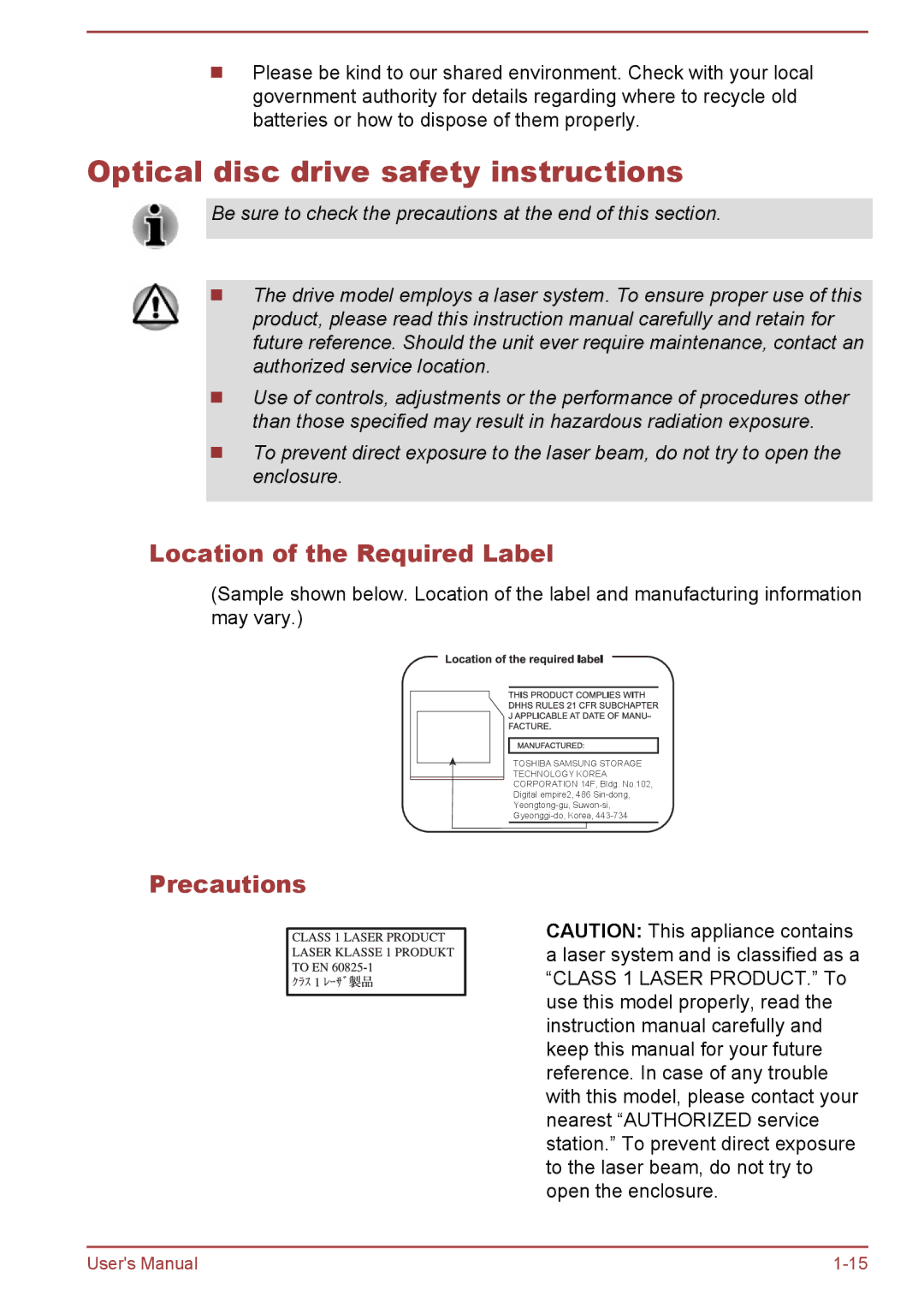 Toshiba R50-B, C50-B user manual Optical disc drive safety instructions, Location of the Required Label, Precautions 