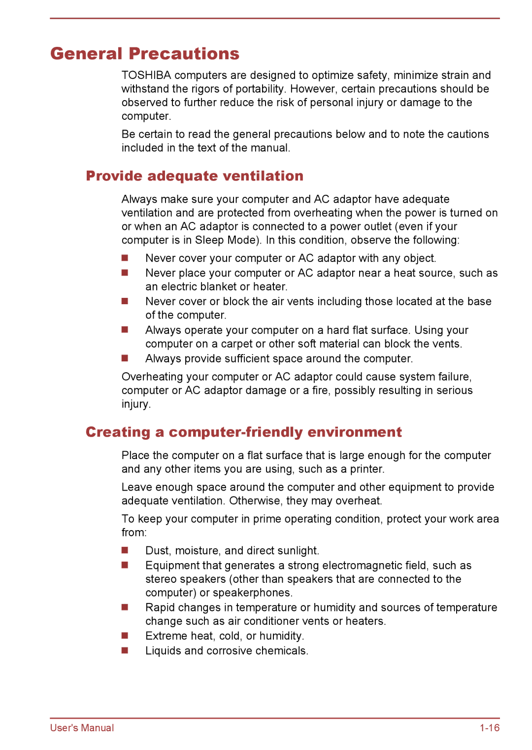 Toshiba C50-B, R50-B user manual General Precautions, Provide adequate ventilation, Creating a computer-friendly environment 