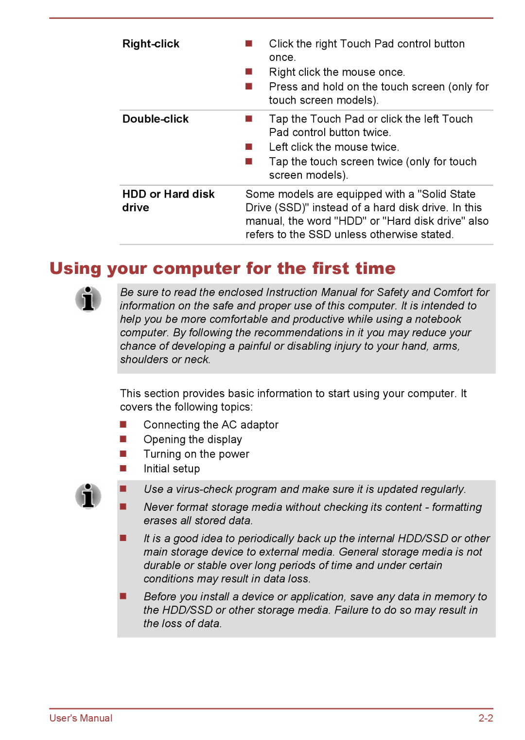 Toshiba R50-B, C50-B user manual Using your computer for the first time, Right-click, Double-click, HDD or Hard disk, Drive 