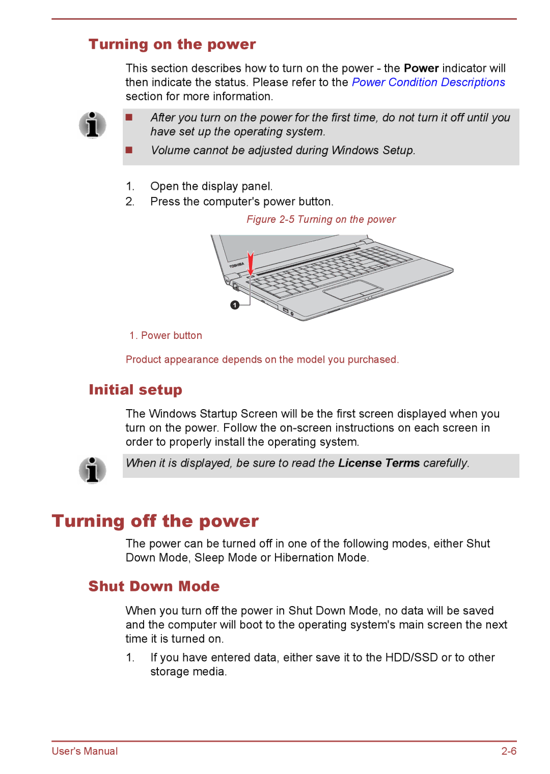 Toshiba R50-B, C50-B user manual Turning off the power, Turning on the power, Initial setup, Shut Down Mode 