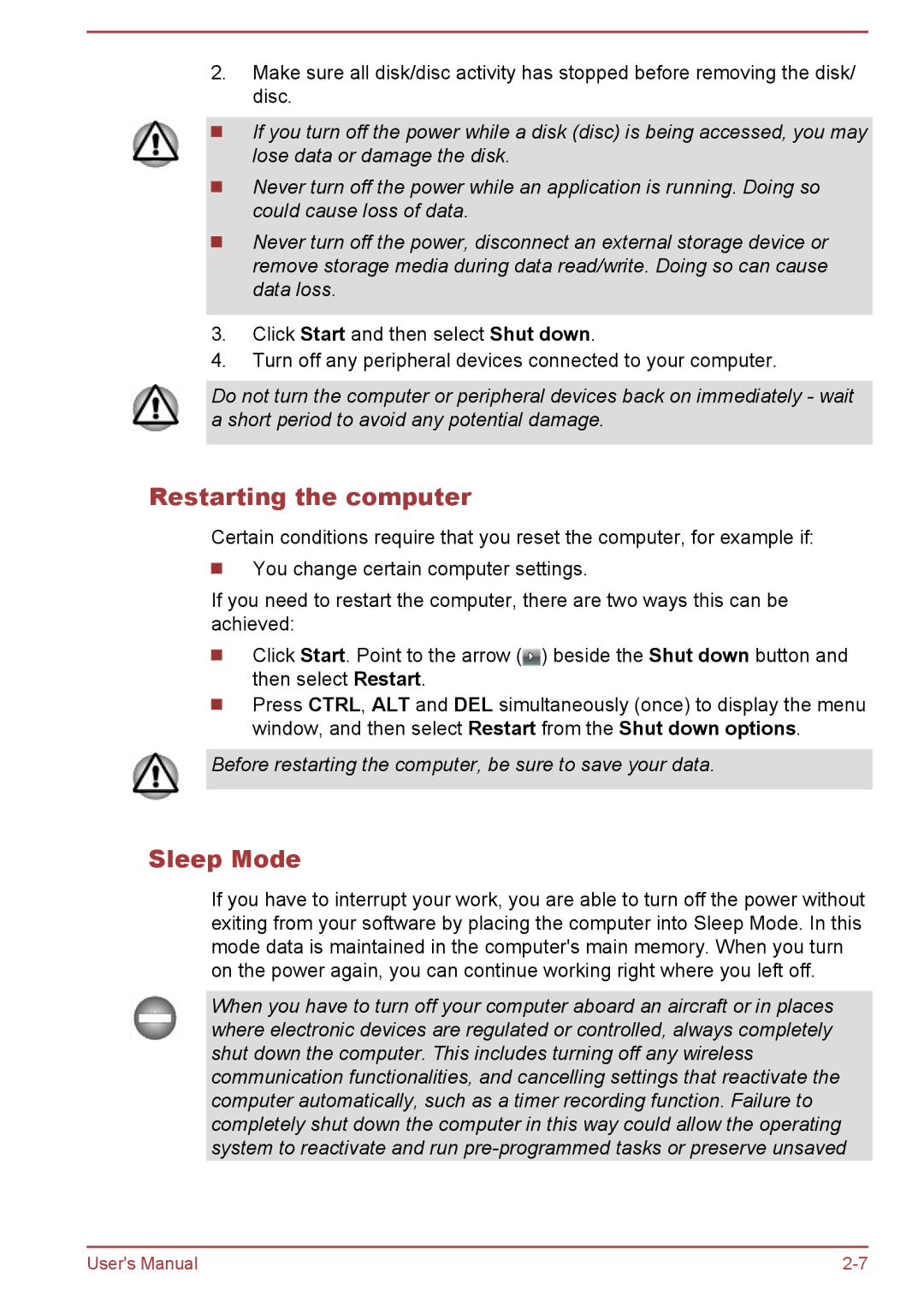 Toshiba C50-B, R50-B user manual Restarting the computer, Sleep Mode 