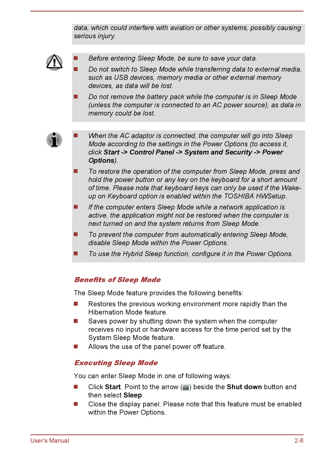 Toshiba R50-B, C50-B user manual Benefits of Sleep Mode, Executing Sleep Mode 