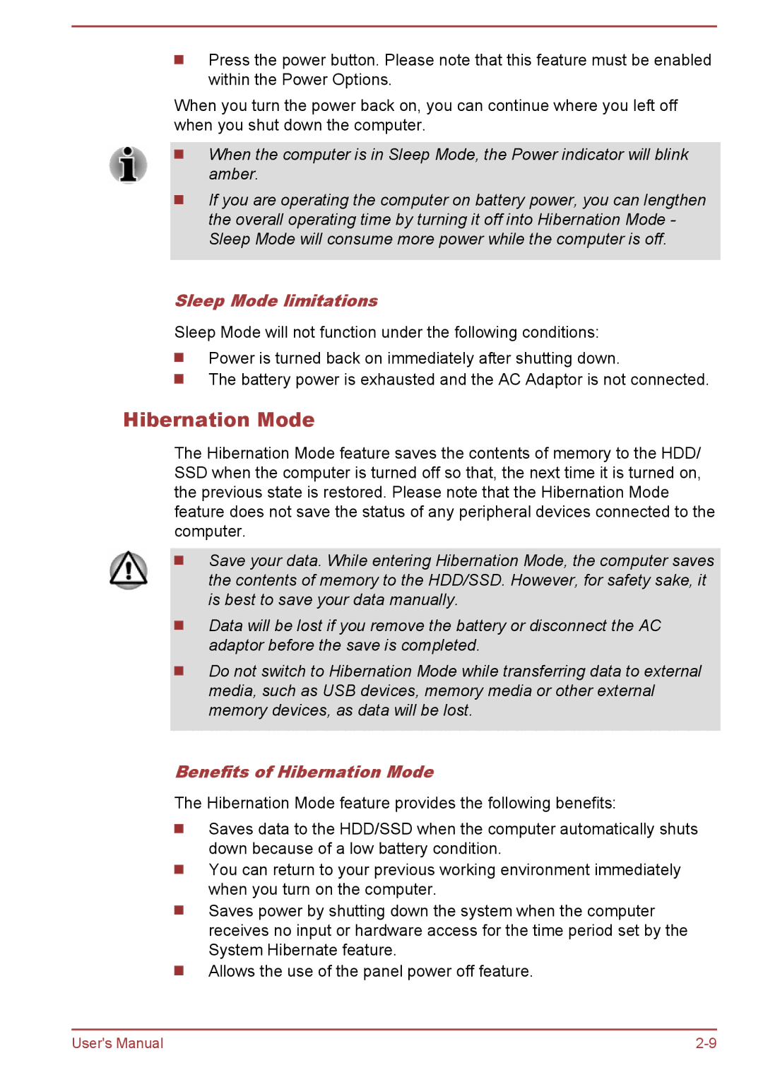 Toshiba C50-B, R50-B user manual Sleep Mode limitations, Benefits of Hibernation Mode 