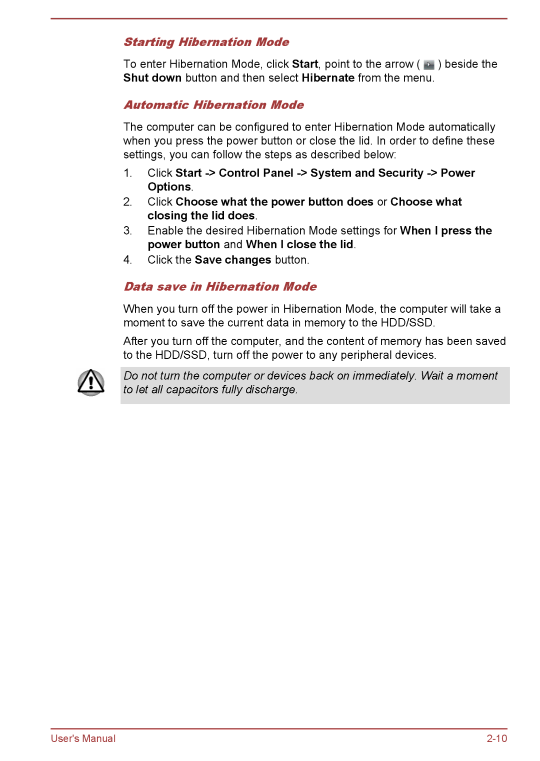 Toshiba R50-B, C50-B user manual Starting Hibernation Mode, Automatic Hibernation Mode, Data save in Hibernation Mode 