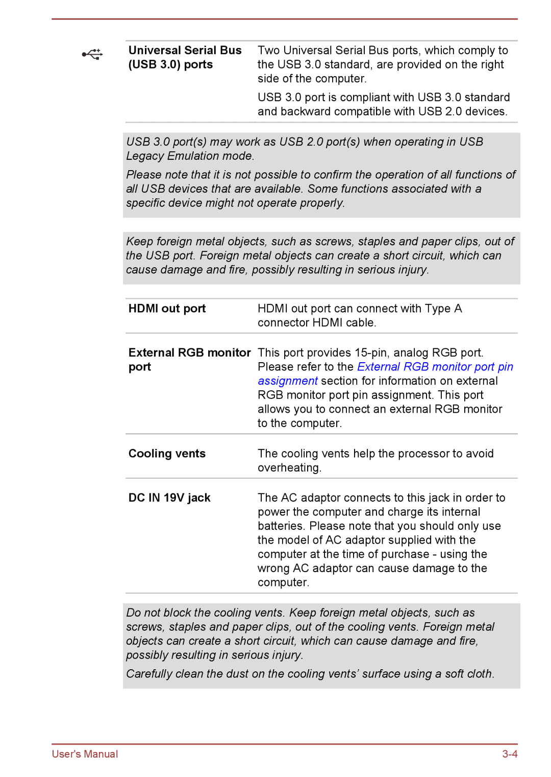 Toshiba R50-B, C50-B user manual Hdmi out port, External RGB monitor, Port, Cooling vents, DC in 19V jack 