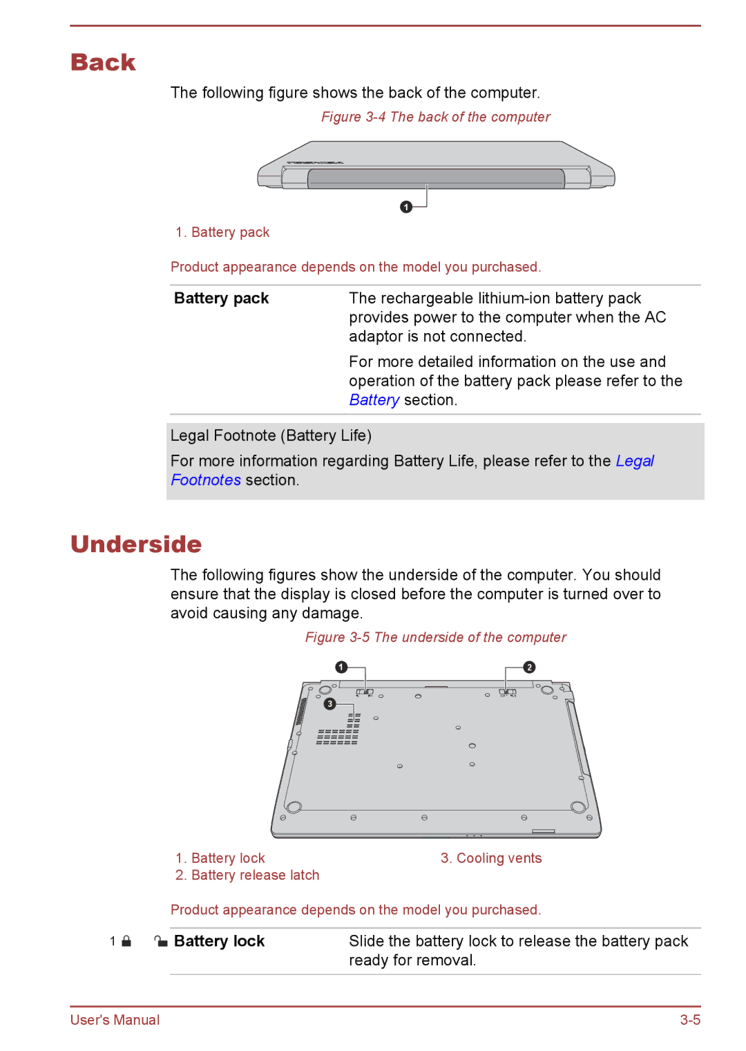 Toshiba C50-B, R50-B user manual Back, Underside, Battery pack, Battery lock 