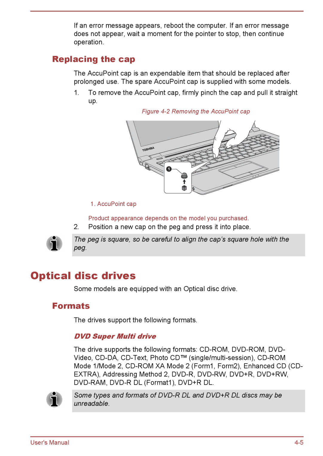 Toshiba R50-B, C50-B user manual Optical disc drives, Replacing the cap, Formats, DVD Super Multi drive 