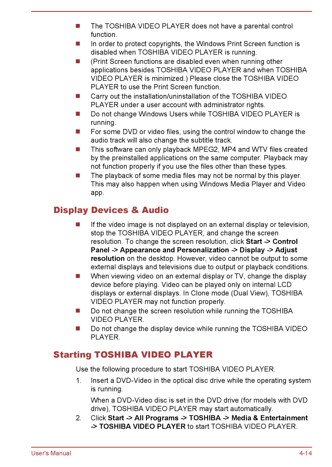 Toshiba C50-B, R50-B user manual Display Devices & Audio, Starting Toshiba Video Player 