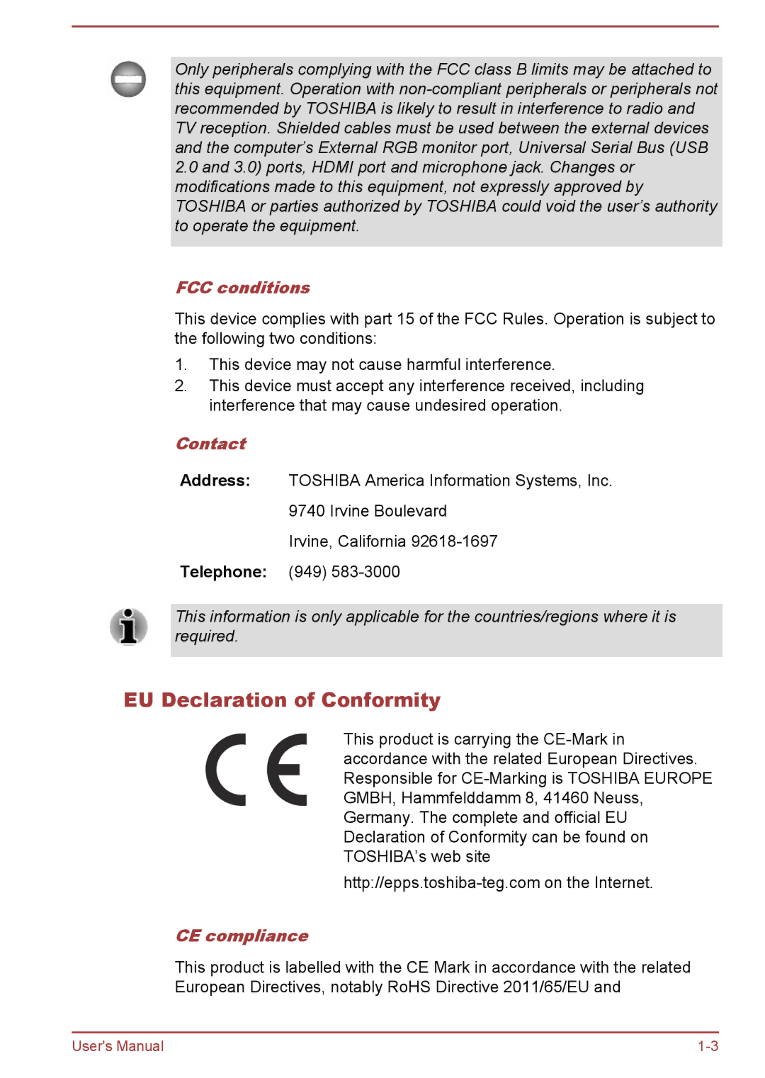 Toshiba R50-B, C50-B user manual EU Declaration of Conformity, FCC conditions, Contact, CE compliance 