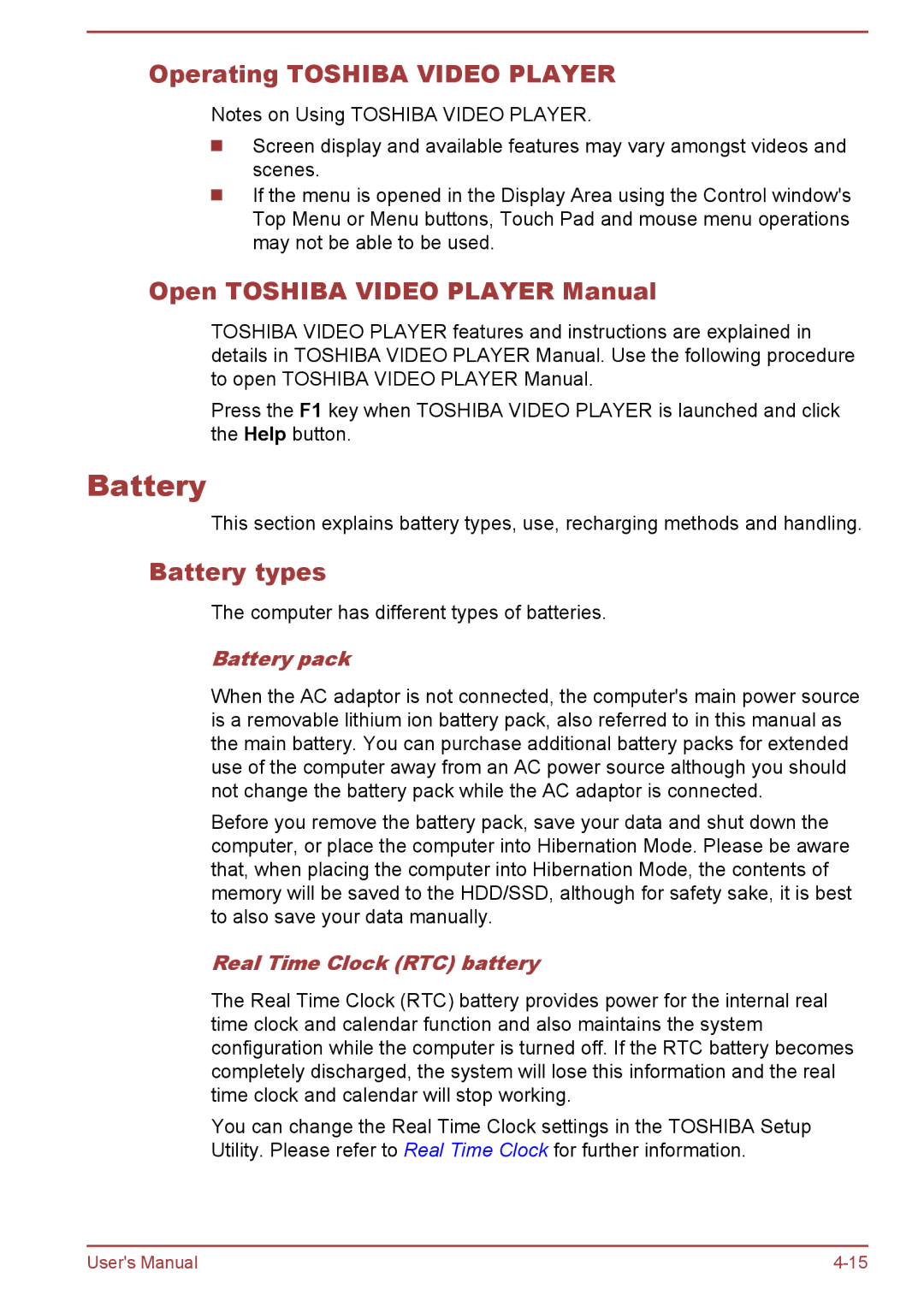 Toshiba R50-B, C50-B user manual Operating Toshiba Video Player, Open Toshiba Video Player Manual, Battery types 