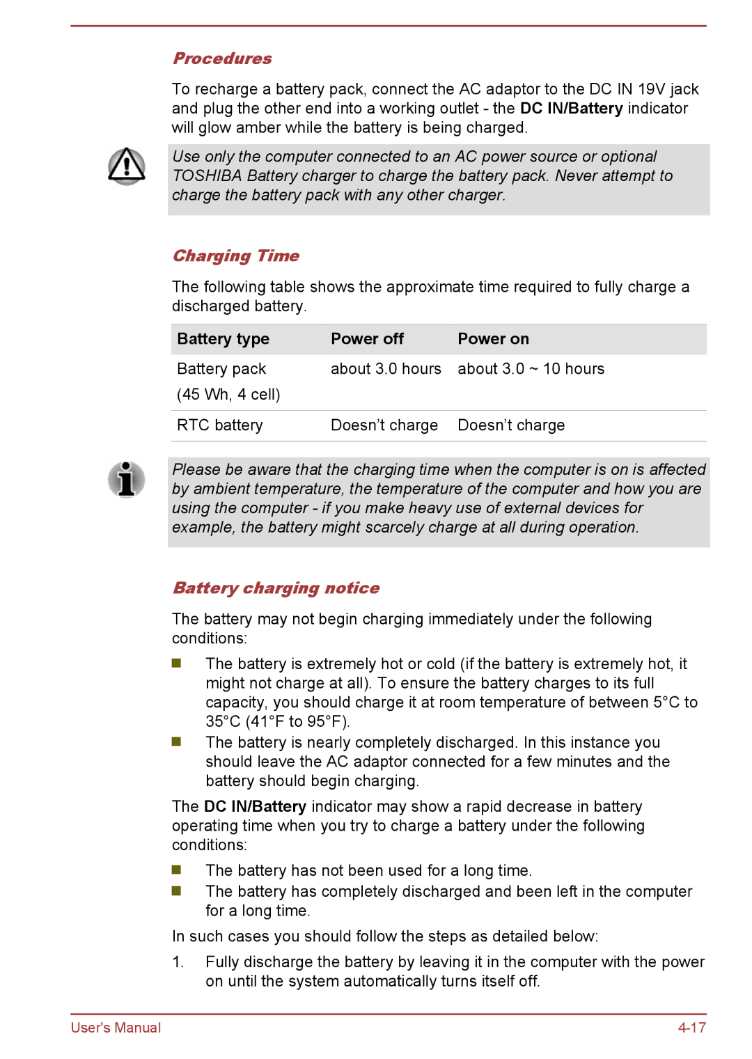 Toshiba R50-B, C50-B user manual Procedures, Charging Time, Battery type Power off Power on, Battery charging notice 