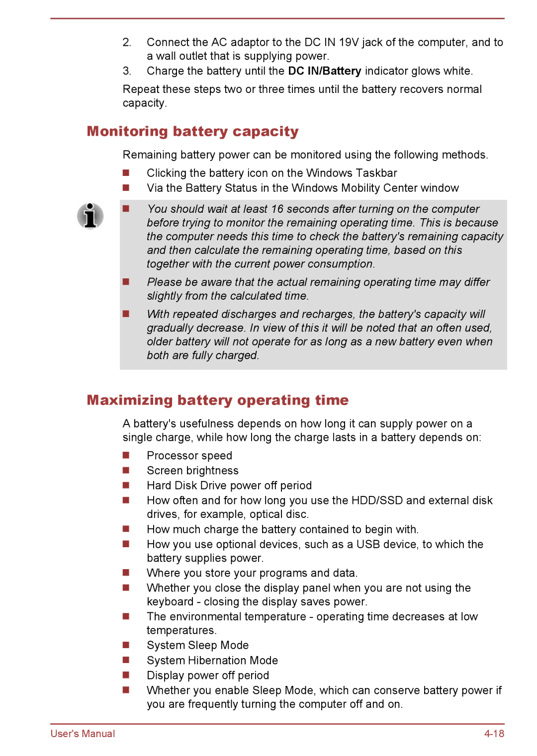 Toshiba C50-B, R50-B user manual Monitoring battery capacity, Maximizing battery operating time 