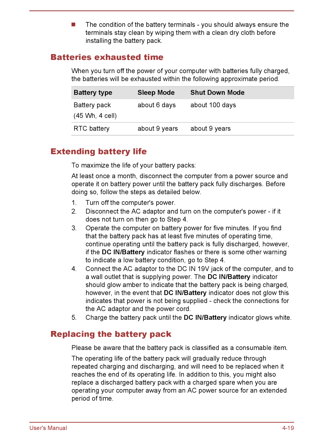 Toshiba R50-B, C50-B user manual Batteries exhausted time, Extending battery life, Replacing the battery pack 