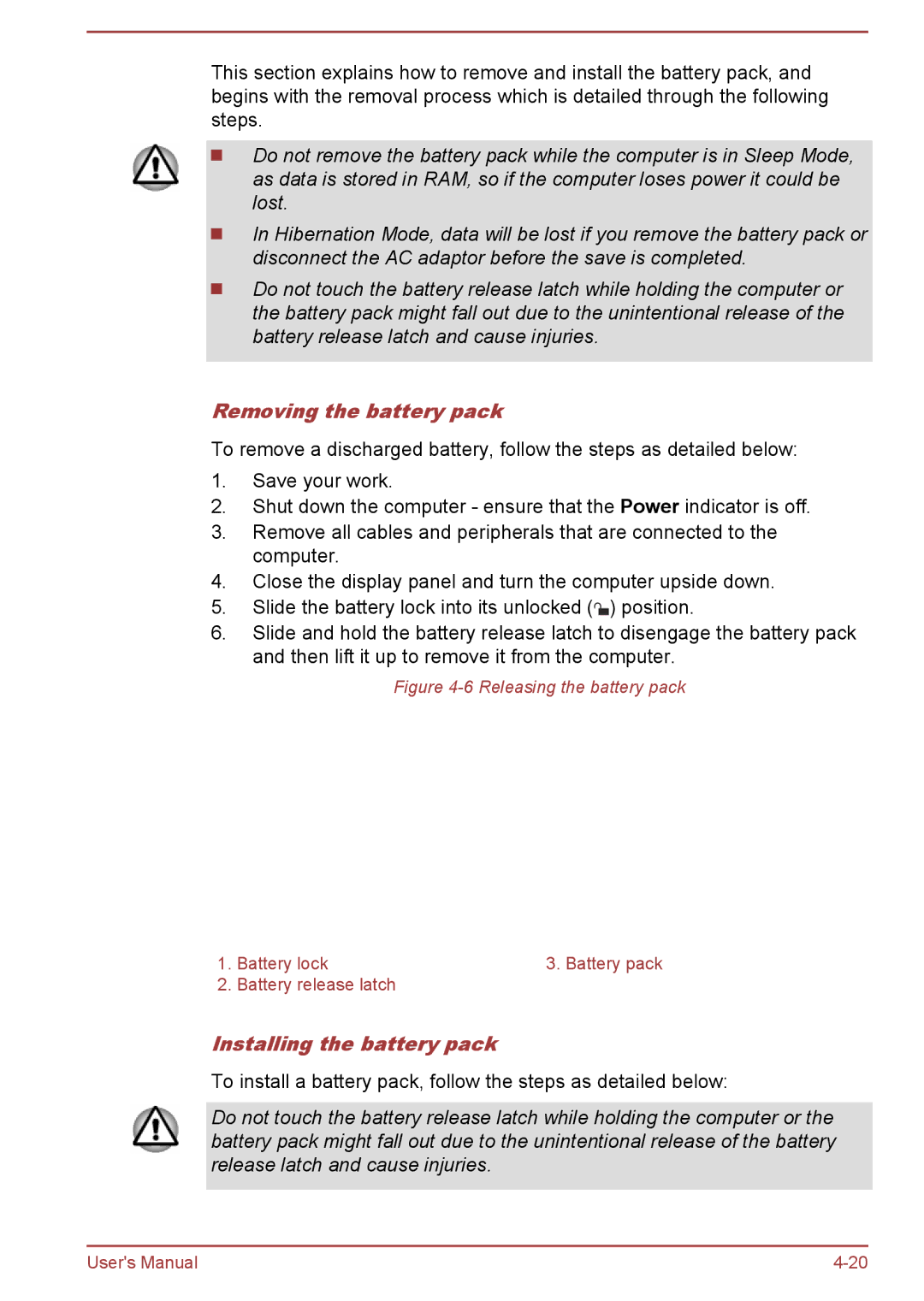 Toshiba C50-B, R50-B user manual Removing the battery pack, Installing the battery pack 