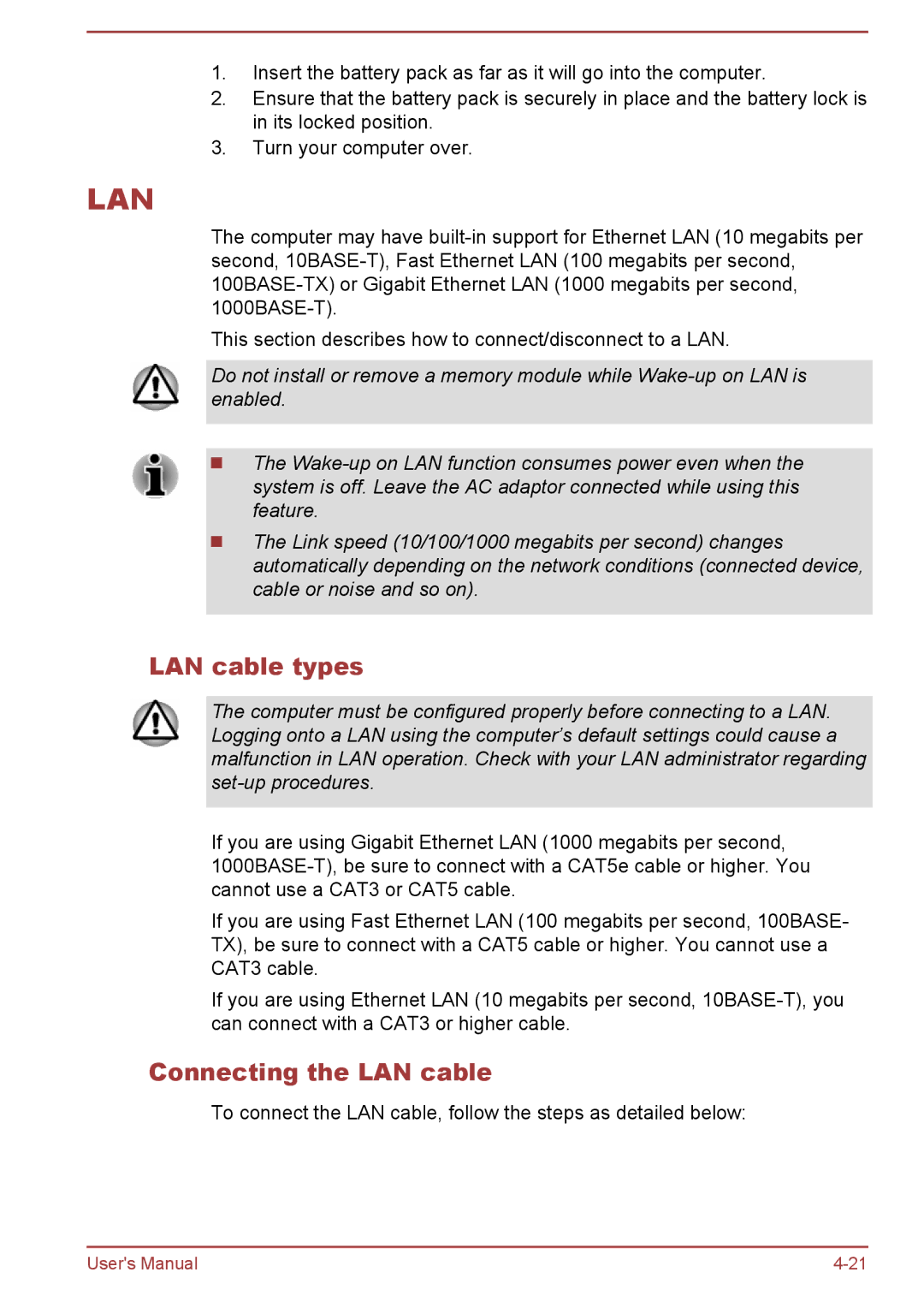 Toshiba R50-B, C50-B user manual LAN cable types, Connecting the LAN cable 