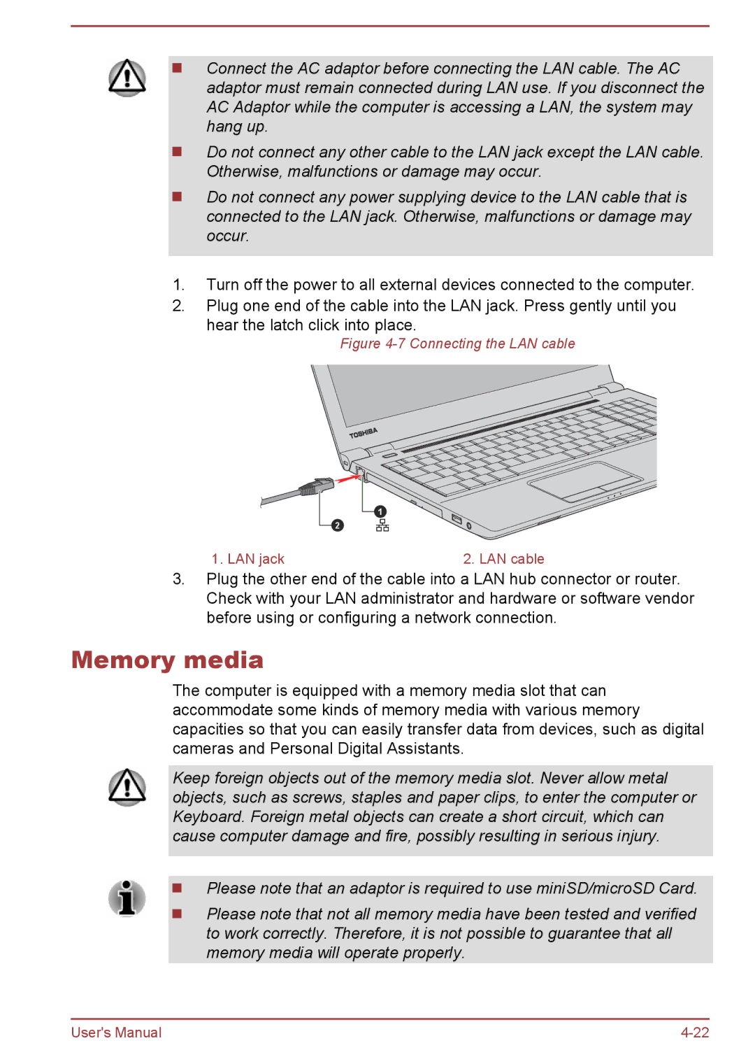 Toshiba C50-B, R50-B user manual Memory media, Connecting the LAN cable 