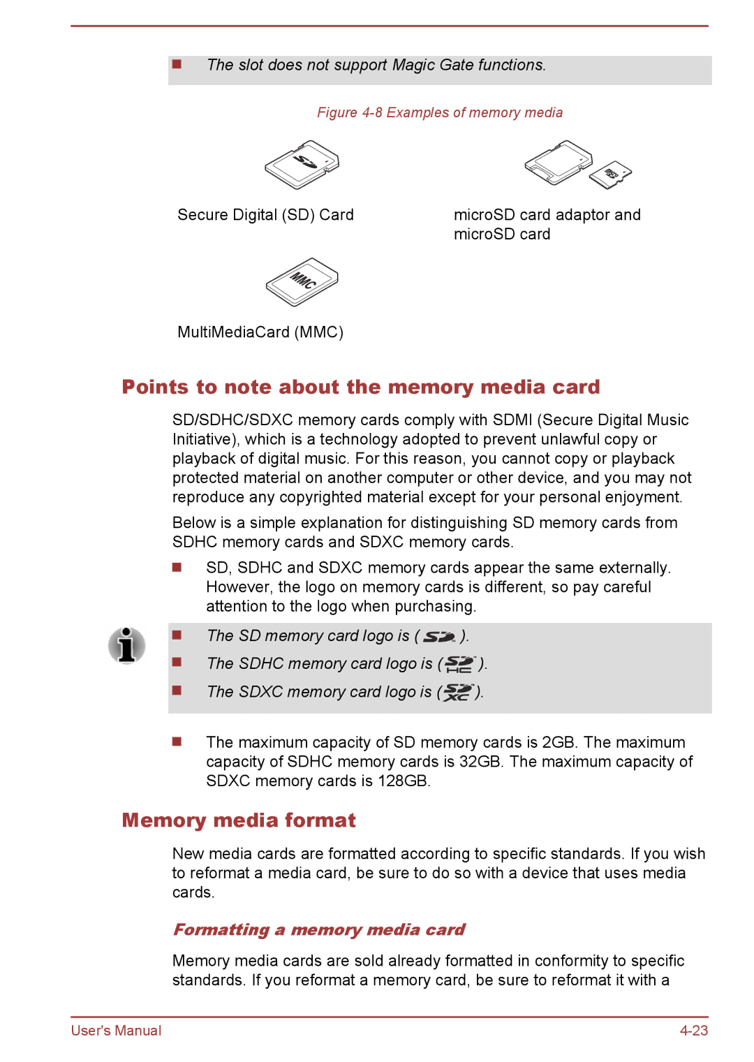 Toshiba R50-B, C50-B Points to note about the memory media card, Memory media format, Formatting a memory media card 