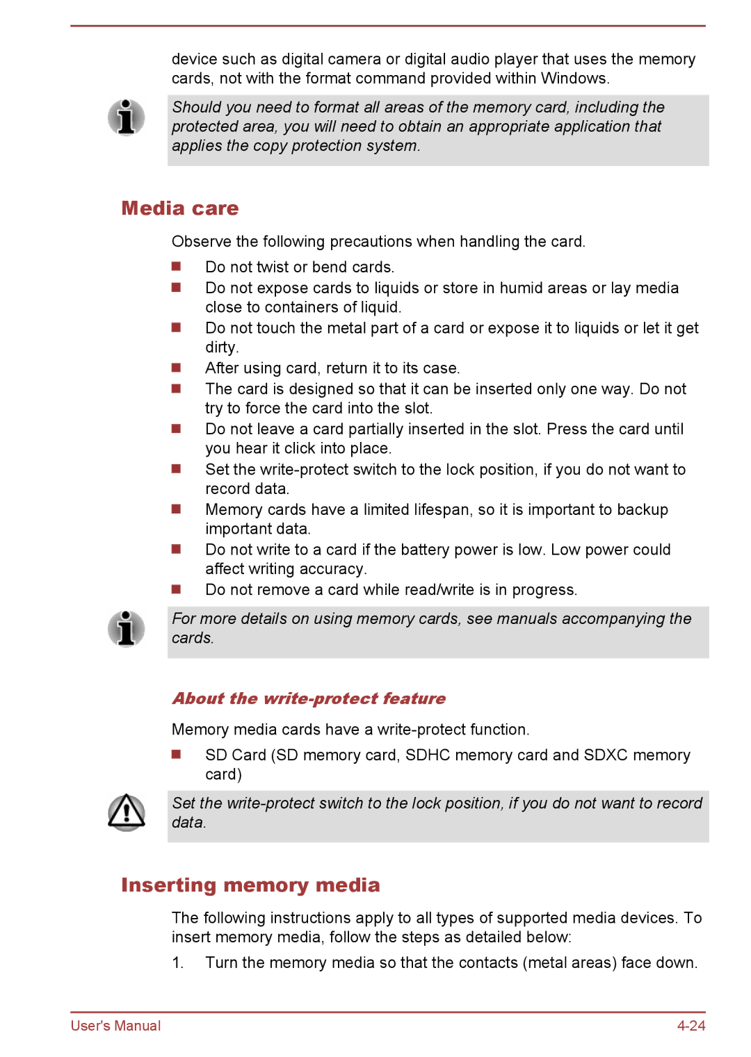 Toshiba C50-B, R50-B user manual Media care, Inserting memory media, About the write-protect feature 