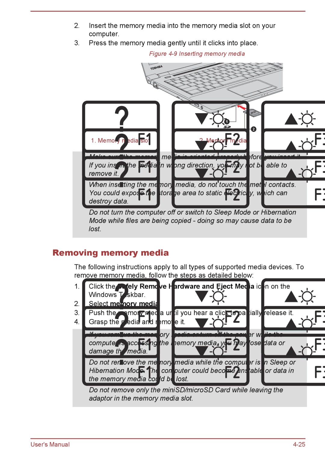 Toshiba R50-B, C50-B user manual Removing memory media, Inserting memory media 