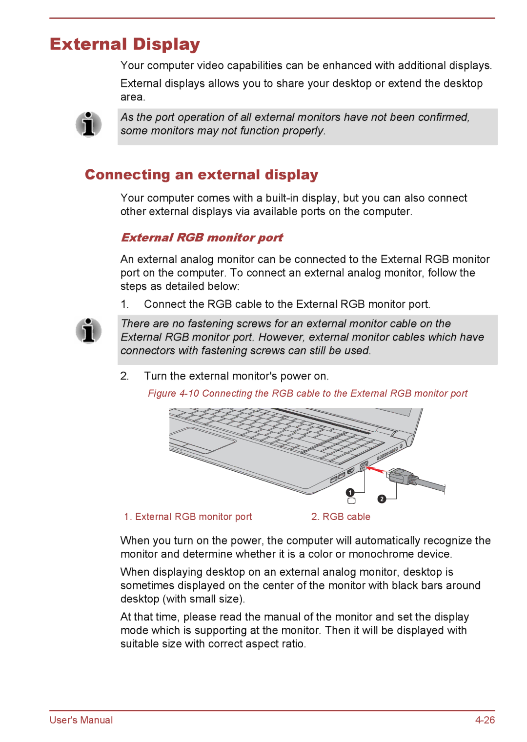 Toshiba C50-B, R50-B user manual External Display, Connecting an external display, External RGB monitor port 