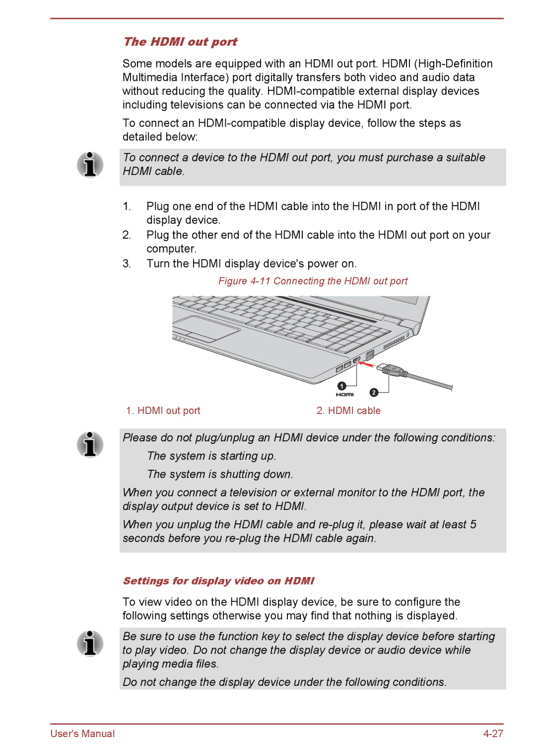 Toshiba R50-B, C50-B user manual Hdmi out port, Settings for display video on Hdmi 