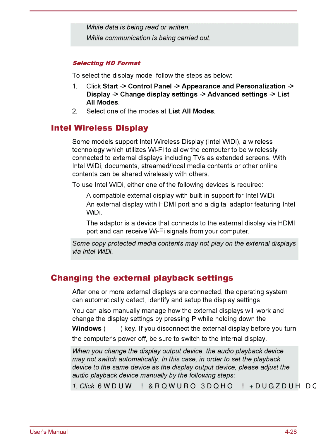 Toshiba C50-B, R50-B user manual Intel Wireless Display, Changing the external playback settings 