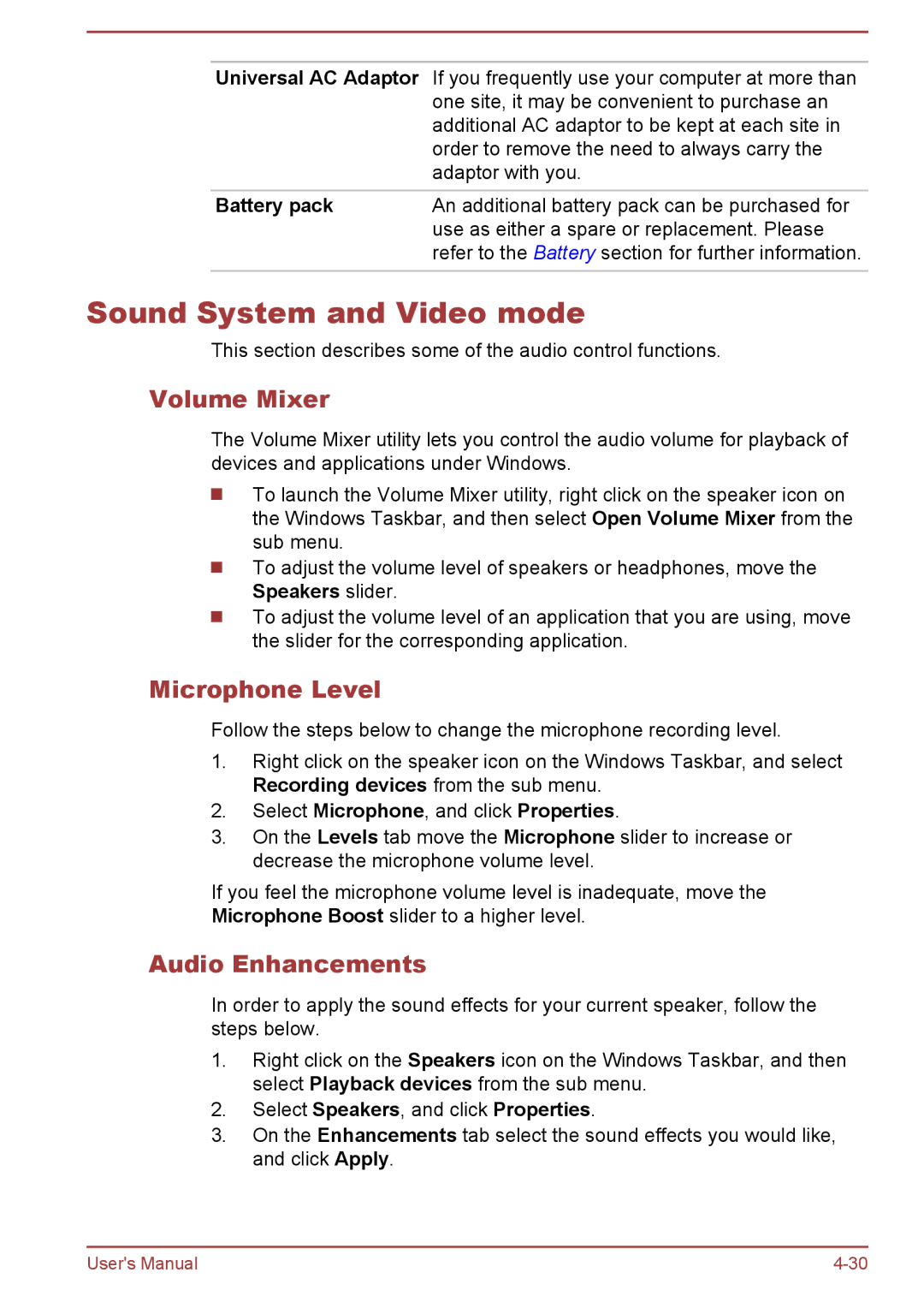 Toshiba C50-B, R50-B user manual Sound System and Video mode, Volume Mixer, Microphone Level, Audio Enhancements 