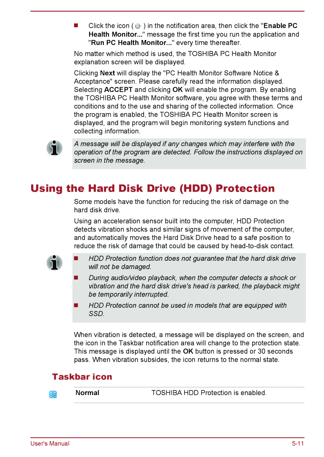 Toshiba R50-B, C50-B Using the Hard Disk Drive HDD Protection, Taskbar icon, Normal Toshiba HDD Protection is enabled 