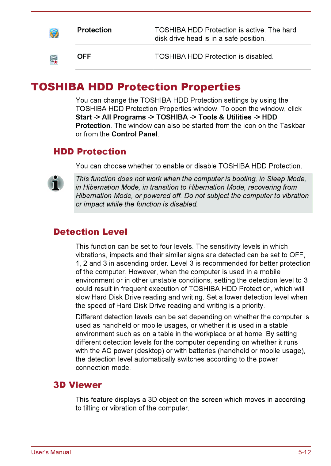 Toshiba C50-B, R50-B user manual Toshiba HDD Protection Properties, Detection Level, 3D Viewer 