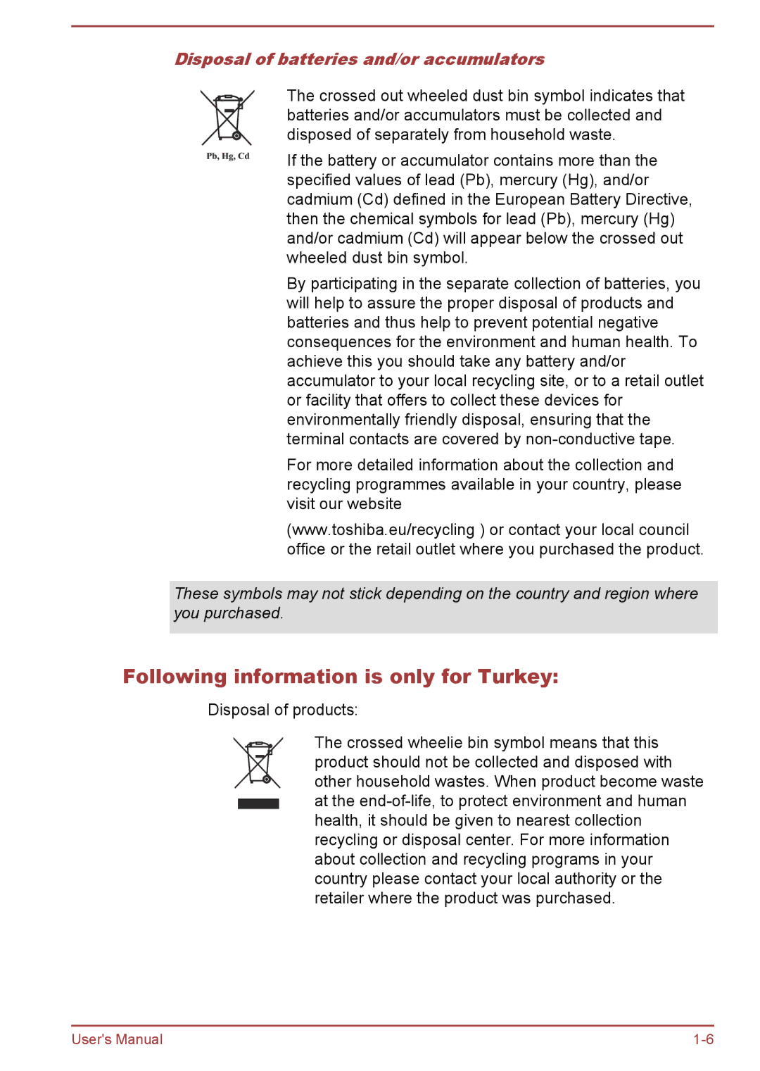 Toshiba C50-B, R50-B user manual Following information is only for Turkey, Disposal of batteries and/or accumulators 