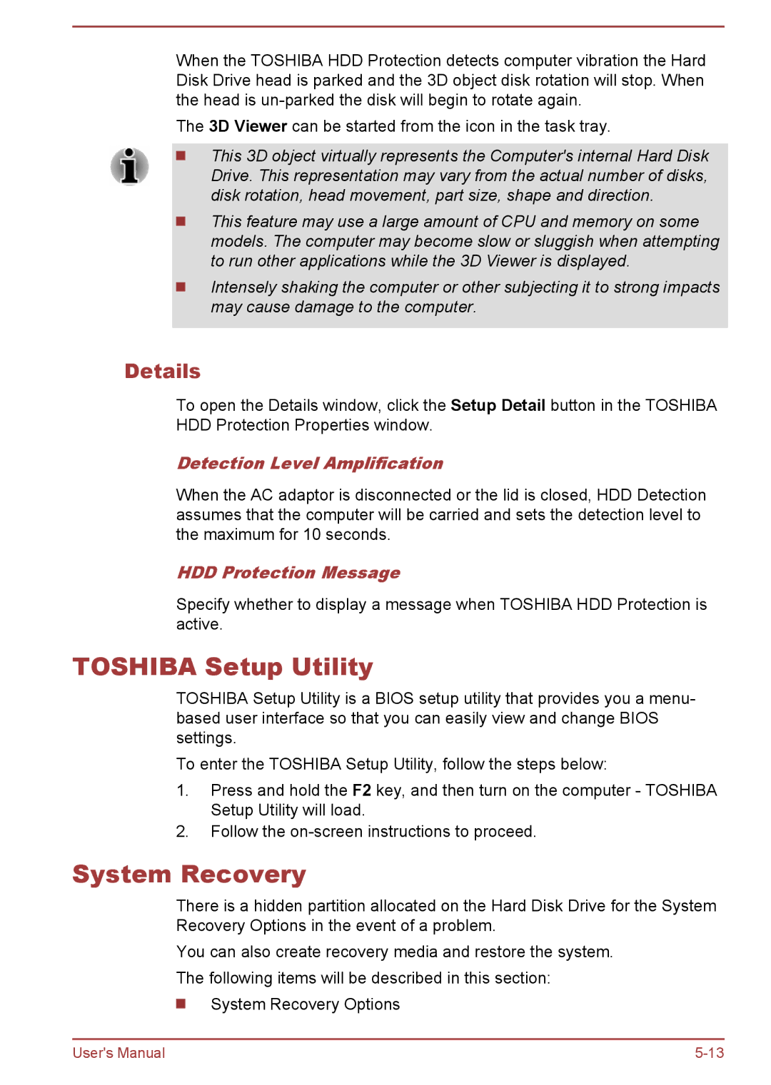 Toshiba R50-B Toshiba Setup Utility, System Recovery, Details, Detection Level Amplification, HDD Protection Message 