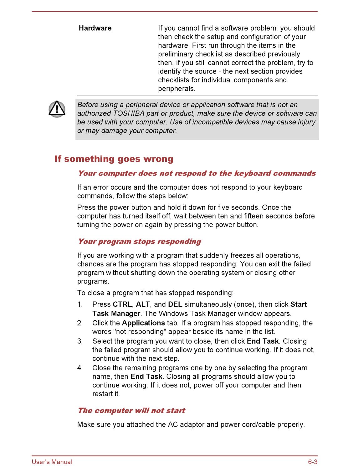 Toshiba R50-B, C50-B user manual If something goes wrong, Hardware, Your computer does not respond to the keyboard commands 