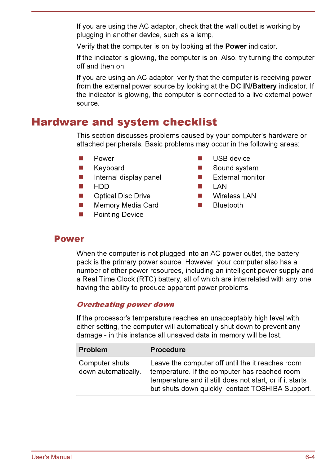 Toshiba C50-B, R50-B user manual Hardware and system checklist, Power, Overheating power down, Problem Procedure 