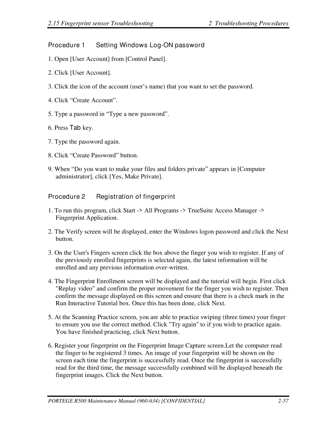 Toshiba r500 manual Procedure 1 Setting Windows Log-ON password, Procedure 2 Registration of fingerprint 