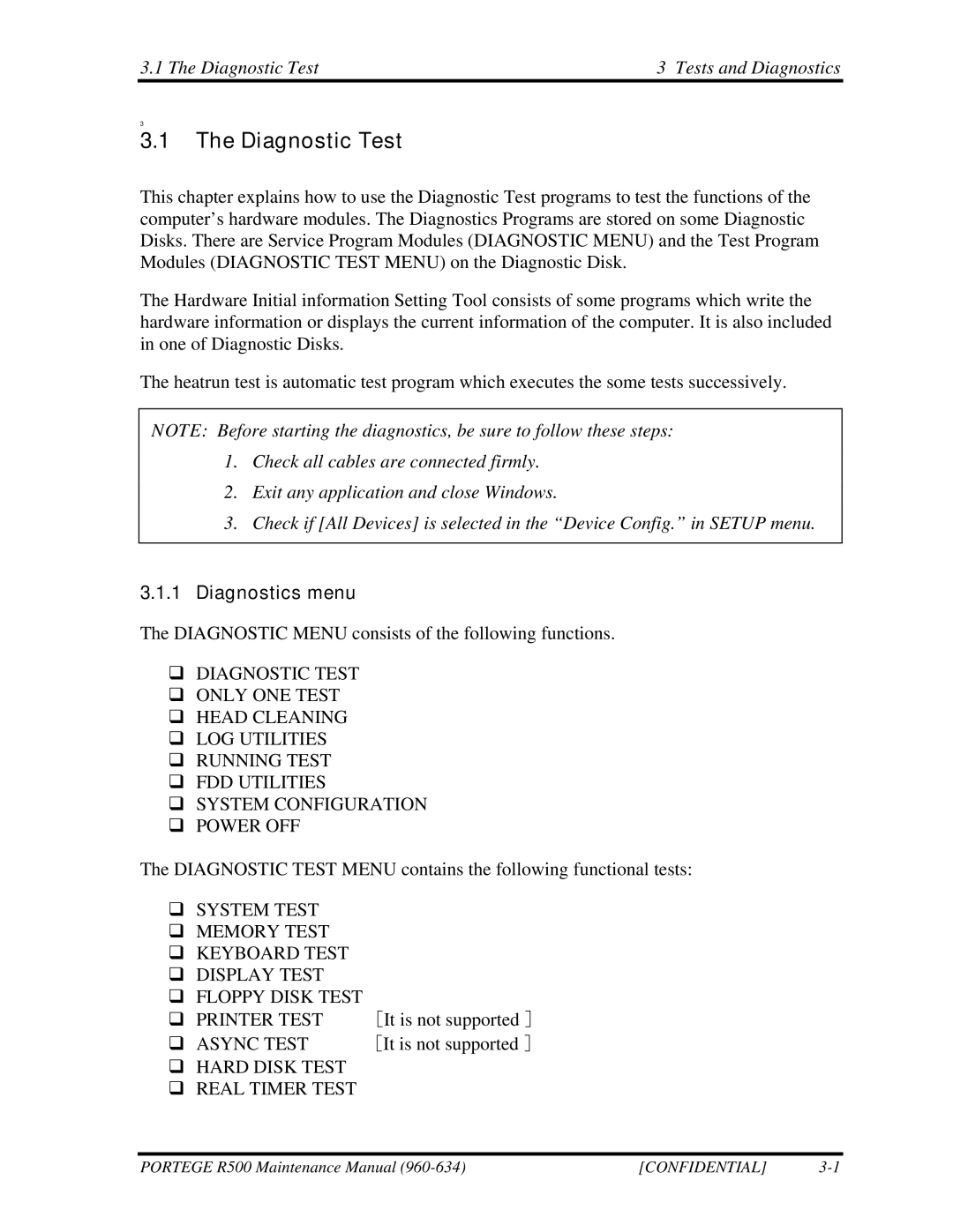 Toshiba r500 manual Diagnostic Test Tests and Diagnostics, Diagnostics menu 