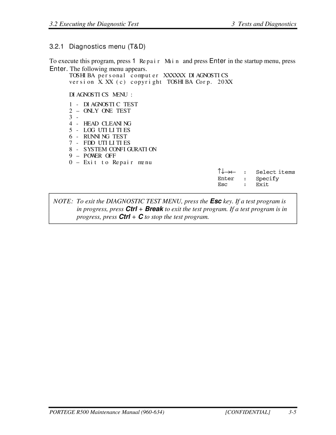 Toshiba r500 manual Executing the Diagnostic Test Tests and Diagnostics, Diagnostics menu T&D 