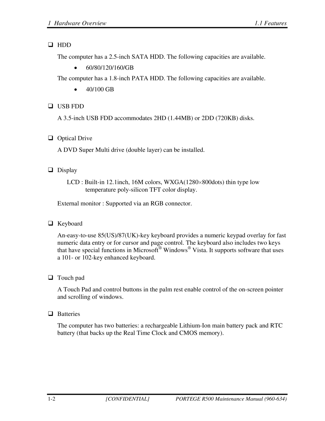 Toshiba r500 manual Hardware Overview Features, ‰ Hdd 