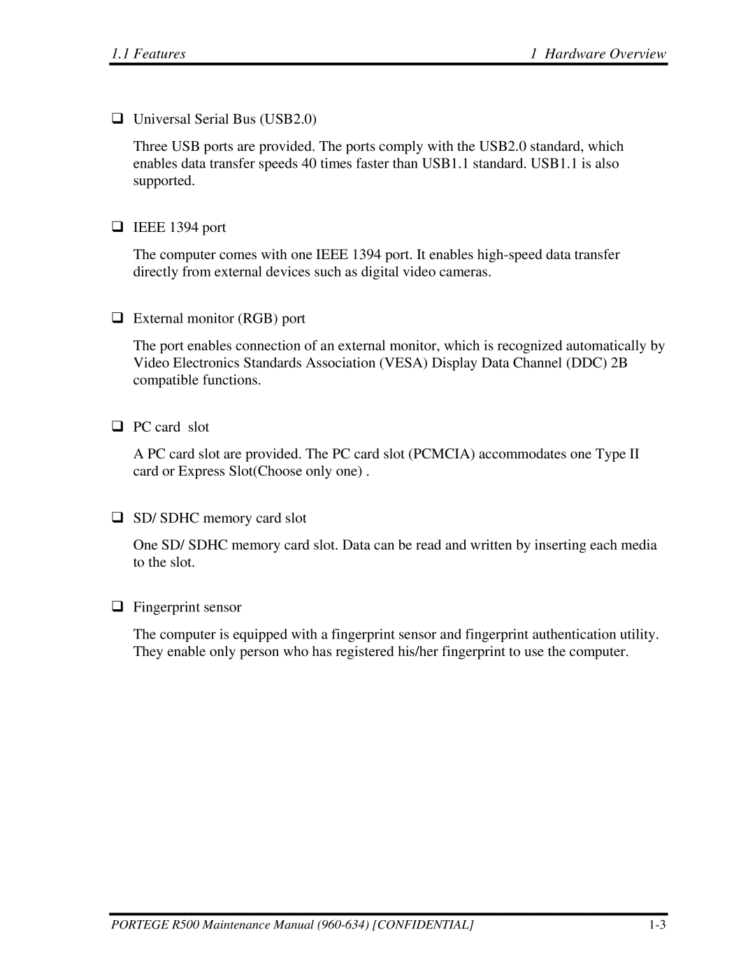 Toshiba r500 manual Features Hardware Overview 