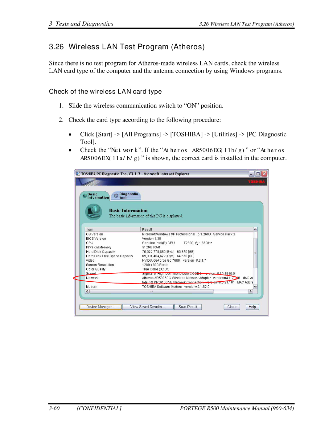 Toshiba r500 manual Wireless LAN Test Program Atheros, Check of the wireless LAN card type 