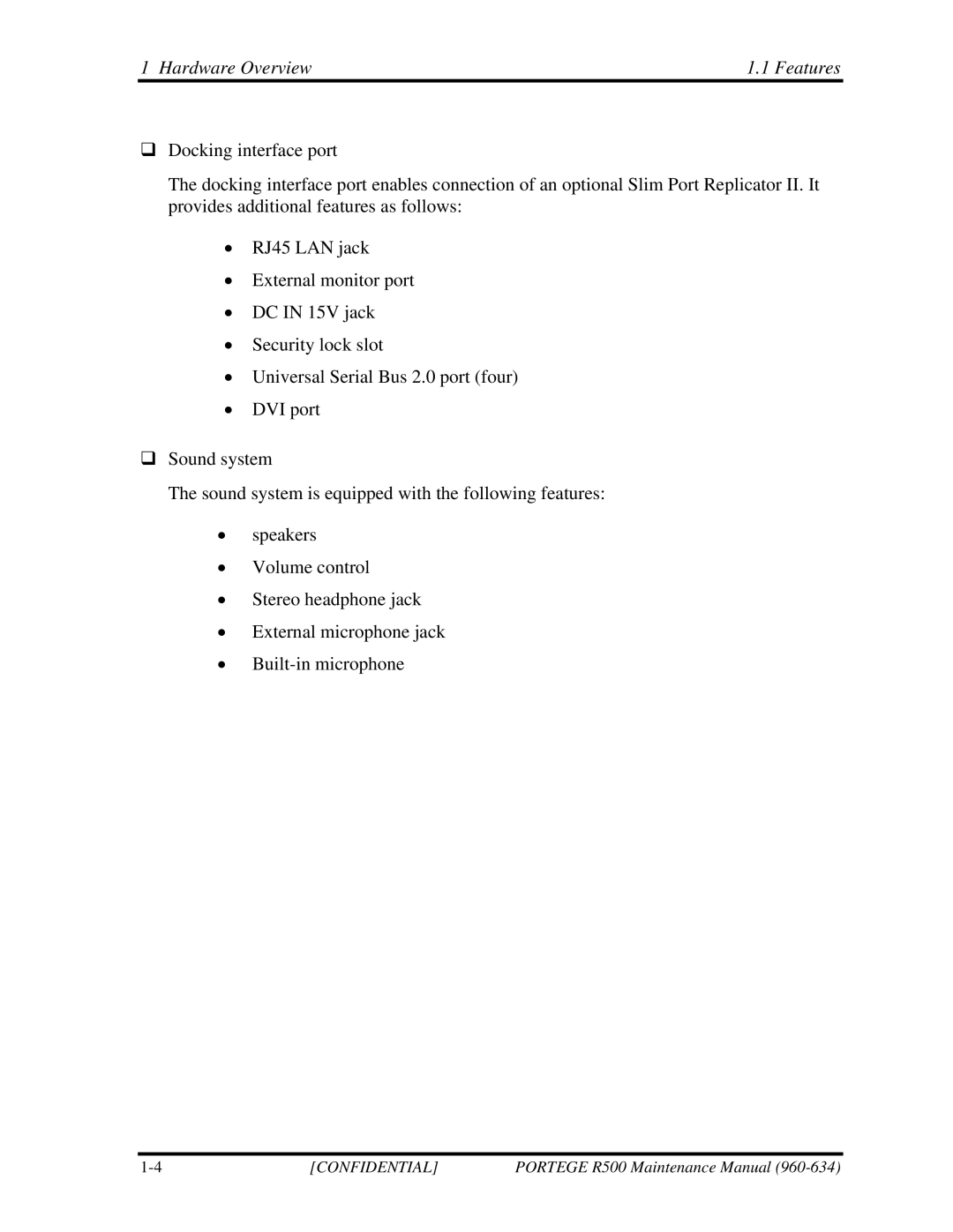 Toshiba r500 manual Hardware Overview Features 