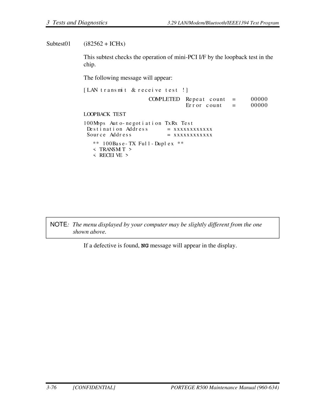 Toshiba r500 manual LAN transmit & receive test Completed Repeat count 00000 