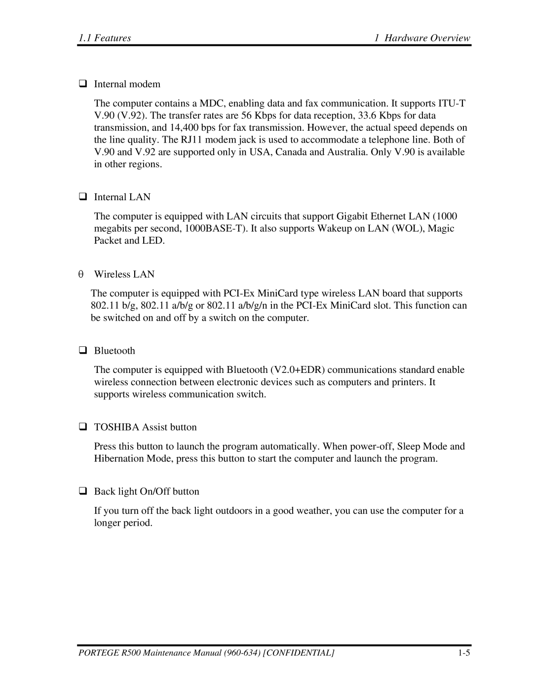 Toshiba r500 manual Features Hardware Overview 