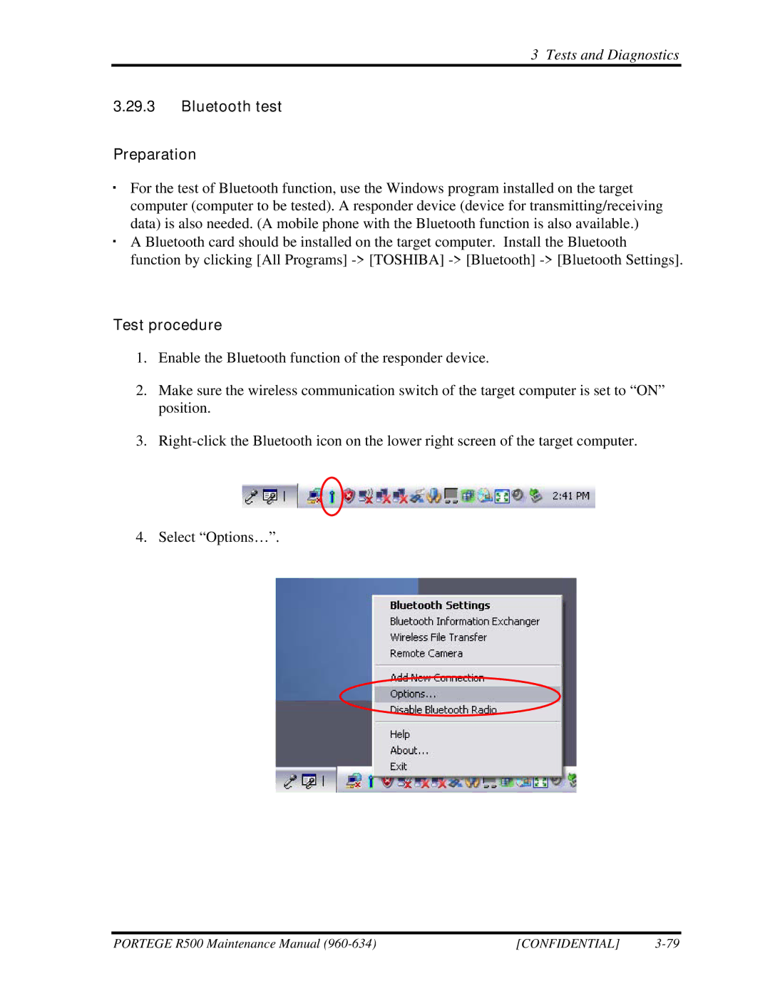 Toshiba r500 manual Bluetooth test Preparation, Test procedure 