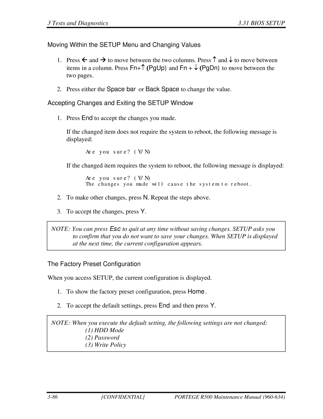 Toshiba r500 manual Moving Within the Setup Menu and Changing Values, Accepting Changes and Exiting the Setup Window 